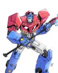  absurdres autobot blue_eyes glowing glowing_eyes halberd highres humanoid_robot insignia lextodrawstuff machine mecha optimus_prime polearm robot science_fiction simple_background transformers transformers_animated weapon wheel white_background 