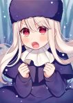  bangs blurry blurry_background blush clenched_hands depth_of_field dress eyebrows_visible_through_hair fate/stay_night fate_(series) fur_hat hair_between_eyes hands_up hat illyasviel_von_einzbern karokuchitose light_brown_hair long_hair long_sleeves looking_at_viewer open_mouth purple_capelet purple_dress purple_hat red_eyes snow solo v-shaped_eyebrows white_neckwear 