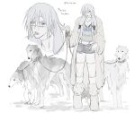  1girl absurdres animal black_bra blue_hair boots borzoi bra coat da_re666 dog fingernails full_body fur_coat genderswap genderswap_(mtf) heterochromia highres holding holding_leash jujutsu_kaisen leash long_fingernails long_hair low-tied_long_hair mahito_(jujutsu_kaisen) pale_skin portrait short_shorts shorts stitched_arm stitched_face stitched_leg stitched_neck stitched_torso stitches underwear white_background white_boots white_coat 