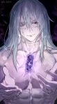  1boy abs absurdres blue_eyes blue_hair crystal da_re666 floating glowing heterochromia highres jujutsu_kaisen light_smile mahito_(jujutsu_kaisen) male_focus pale_skin pectorals solo stitched_face stitched_neck stitches twitter_username upper_body yellow_eyes 