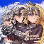  3girls ahoge akio_(akio1124) anniversary artist_name blonde_hair blue_eyes blue_sky blush braid braided_ponytail breasts closed_mouth cloud cloudy_sky commentary fate/grand_order fate_(series) grin hand_on_another's_head highres jeanne_d'arc_(fate) jeanne_d'arc_(ruler)_(fate) jeanne_d'arc_alter_(fate) jeanne_d'arc_alter_santa_lily_(fate) large_breasts long_hair looking_at_viewer multiple_girls multiple_persona one_eye_closed open_mouth sky smile teeth timestamp translation_request twitter_username upper_teeth_only white_hair yellow_eyes 