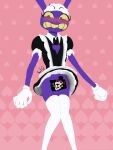 anthro black_clothing blush blush_lines bottomless caine_(tadc) caine_censorship censor_bar choker clothed clothing crossdressing embarrassed eyeliner femboy glitch_productions gloves handwear heart_background jax_(tadc) jewelry lagomorph legwear leporid li00 maid_headdress maid_uniform makeup male mammal necklace pink_background purple_body rabbit simple_background solo stockings teeth the_amazing_digital_circus uniform yellow_sclera yellow_teeth