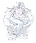  1boy absurdres alternate_form alternate_hairstyle blue_eyes blue_hair da_re666 full_body heterochromia highres jujutsu_kaisen leg_fur long_hair mahito_(jujutsu_kaisen) male_focus messy_hair navel nipples nude pale_skin rabbit simple_background smile solo stitched_arm stitched_face stitched_groin stitched_neck stitches toned toned_male twitter_username white_background winter yellow_eyes 