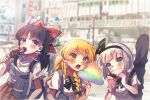  3girls absurdres alternate_costume bag black_bow black_bowtie black_hairband blonde_hair blue_bag blue_eyes blush bow bowtie braid brown_eyes brown_hair collared_shirt commentary_request crepe diagonal-striped_bow diagonal-striped_bowtie diagonal-striped_clothes eating food food_on_face food_request frilled_bow frilled_hair_tubes frills green_bow green_bowtie grey_hair hair_bow hair_tubes hairband hakurei_reimu highres holding holding_crepe holding_food kirisame_marisa konpaku_youmu konpota_(pixiv_113398422) long_hair multiple_girls no_headwear plaid_clothes plaid_skirt rainbow_gradient red_bow red_skirt school_bag shirt short_sleeves shoulder_bag side_braid signature single_braid skirt smile striped_bow striped_bowtie striped_clothes touhou white_shirt yellow_eyes 
