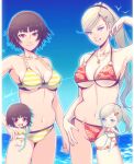  2girls alternate_costume ass_visible_through_thighs bikini bird blonde_hair blue_eyes blue_sky braid breasts brown_hair cleavage closed_mouth collarbone commentary_request corner50777313 cowboy_shot crown_braid earrings full_body high_ponytail highres jewelry large_breasts light_blush long_hair looking_at_viewer medium_breasts multiple_girls multiple_views necklace niijima_makoto o-ring o-ring_bikini o-ring_bottom o-ring_top open_mouth persona persona_5 ponytail red_eyes seagull short_hair signature sky smile standing swimsuit takamaki_anne thigh_strap underboob 