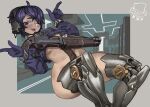  1girl beyond_citadel breasts collar cross_swimsuit crotch_strap gloves grey_collar gun headset highres looking_at_viewer martyr_(the_citadel) mechanical_legs medium_breasts mr_banzai one_eye_closed open_mouth pump_action purple_eyes purple_gloves purple_hair revealing_clothes shiny_skin short_hair shotgun smile solo swimsuit teeth the_citadel underboob weapon 