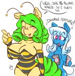  &lt;3 &lt;3_eyes 4_fingers antennae anthro armwear big_breasts biped black_eyebrows blue_ears blue_fur blueballs_(duckdraw) breast_size_difference breasts buzzy_bee_(duckdraw) cleavage clothed clothing collar convenient_censorship curled_tail dialogue drill_hair duckdraw duo ear_piercing elbow_gloves english_text equine eyebrows eyelashes eyes_closed fan_character female fingerless_gloves freckles fur gloves green_hair green_tail hair hairband holding_object horse leotard long_hair mammal my_little_pony nude piercing pink_eyes pointing pony simple_background speech_bubble standing tan_ears tan_fur text white_background white_hair 