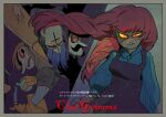  1girl 3boys alice_(vlad_grimms) apron aqua_dress aqua_sleeve_cuffs aqua_sleeves arms_at_sides bakushi_(smys2017) balance_scale bald beard black_apron black_eyes black_facial_hair black_hat blue_facial_hair border braided_twintails bright_pupils brown_hair buttons close-up collared_dress colored_sclera colored_skin commentary_request cowboy_shot cross cross_tattoo dress english_text facial_hair facial_tattoo facing_viewer flask forehead_tattoo from_above from_side frown full_beard gloves glowing glowing_eyes goatee gradient_background green_shirt green_sleeve_cuffs green_sleeves grey_background grey_border grey_skin hameln_(vlad_grimms) handlebar_mustache hat holding holding_flask la_barbe_bleue latin_cross long_beard long_hair long_nose long_sleeves looking_at_viewer looking_back low-braided_long_hair low-tied_long_hair low_twintails monocle multiple_boys multiple_views mustache nose nostrils old old_man overlapped_images paneled_background parted_lips pinocchio_(vlad_grimms) pointy_nose profile puffy_long_sleeves puffy_sleeves purple_background red_eyes red_hair red_pupils red_sclera round-bottom_flask rubber_gloves shirt skirt sleeves_rolled_up tattoo teeth top_hat translation_request twintails upper_body vampire victorian vlad_grimms weapon weighing_scale white_pupils white_skirt wing_collar yellow_gloves yellow_sclera 