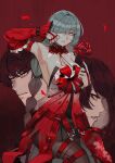  1boy 2girls absurdres arm_up armpits bandage_over_one_eye bare_shoulders black_hair black_pantyhose black_skirt braid breasts changecolor commentary dress dual_persona earrings female_rover_(wuthering_waves) flower grey_eyes grey_hair halter_dress halterneck highres holding holding_flower jewelry long_hair looking_at_viewer male_rover_(wuthering_waves) medium_breasts multiple_girls pantyhose parted_lips phrolova_(wuthering_waves) red_dress red_petals red_pupils red_spider_lily rover_(wuthering_waves) skirt solo_focus very_long_hair wuthering_waves yellow_eyes 
