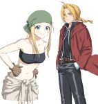  1boy 1girl ahoge bandeau bare_shoulders black_pants black_shirt blonde_hair blue_eyes blush braid braided_ponytail breasts brown_gloves closed_mouth clothes_around_waist collarbone commentary_request cowboy_shot edward_elric fullmetal_alchemist gloves hands_in_pockets hands_on_own_hips headscarf highres jacket korean_commentary leaning_forward long_hair long_sleeves looking_ahead looking_at_viewer low_ponytail medium_breasts navel open_clothes open_jacket pants parted_bangs ponytail red_jacket saang2cm shirt sidelocks simple_background smile split_mouth standing stomach straight_hair strapless tareme tsurime tube_top v-shaped_eyebrows white_background white_gloves winry_rockbell yellow_eyes 