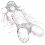  1boy absurdres amputee bandage_on_face bandage_over_one_eye bandaged_arm bandaged_leg bandages closed_mouth da_re666 grey_hair grey_male_underwear head_on_pillow highres jujutsu_kaisen long_hair lying mahito_(jujutsu_kaisen) male_focus male_underwear on_back pale_skin pillow quadruple_amputee scar scar_on_neck solo underwear white_background yellow_eyes 