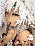  altera_(fate) bare_shoulders black_nails commentary dark_skin fate/grand_order fate_(series) food food_in_mouth heart holding holding_food i-pan looking_at_viewer nail_polish pocky pocky_day poking red_eyes simple_background solo speech_bubble tan tattoo veil white_hair 