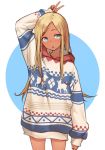  :o aqua_eyes arm_up blonde_hair christmas_sweater circle commentary cowboy_shot dark_skin dot_nose eyebrows_visible_through_hair hood hood_down hooded_sweater idolmaster idolmaster_cinderella_girls kakaobataa layla_(idolmaster) long_hair looking_at_viewer no_pants oversized_clothes parted_lips print_sweater simple_background sleeves_past_wrists solo sweater tan two-tone_background v 