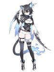  1girl absurdres animal_ears arm_armor armored_boots armored_gloves asymmetrical_dual_wielding asymmetrical_gloves asymmetrical_legwear belt belt_pouch black_belt black_cape black_corset black_hair black_leotard black_tail blue_cape blue_eyes blue_fire boots breasts brown_bag brown_belt cape cleavage colored_inner_hair corset covered_navel cross-laced_clothes cross-laced_corset double-parted_bangs dual_wielding einheadt elbow_gloves fang fang_out fiery_ears fingerless_gloves fire flame-tipped_tail full_body garter_straps gloves hair_between_eyes hair_ornament heterochromia highleg highleg_leotard highres holding holding_sword holding_weapon hood hood_down hooded_cape leotard mole mole_on_breast mole_on_thigh mole_under_eye multicolored_cape multicolored_hair original pinned pouch reverse_grip see-through_clothes see-through_leotard short_hair short_shorts shorts simple_background slit_pupils solo streaked_hair sword tail thigh_belt thigh_strap thighhighs turtleneck two-sided_cape two-sided_fabric underbust weapon white_background white_belt white_cape white_hair white_shorts yellow_eyes 