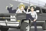  2girls :3 ankle_boots belt black_pants blonde_hair blue_bow boots bow breasts car cowboy_hat cowboy_western fubarmoe glasses green_eyes green_hair grey_belt grey_boots hair_bow hat highres kuroi_nanako long_hair looking_at_viewer low_ponytail lucky_star lying motor_vehicle multiple_girls narumi_yui on_car on_stomach pants pinstripe_pattern pinstripe_shirt ponytail road shadow shirt sky smile sports_utility_vehicle traffic_barrier tree wheel white_shirt yellow_eyes 