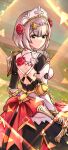  1girl absurdres andrewaprilio armor armored_dress back_bow backless_dress backless_outfit bare_shoulders black_dress blunt_bangs bow closed_mouth dress flower from_behind genshin_impact green_eyes hair_flower hair_ornament highres holding holding_sword holding_weapon looking_back maid_headdress noelle_(genshin_impact) red_bow red_flower red_rose rose short_hair smile solo standing sword weapon white_hair 