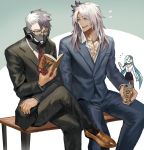  2boys bench black_pants black_skirt blue_hair book brown_footwear brynhildr_(fate) contemporary cropped_legs crossed_legs danann fate/grand_order fate_(series) formal glasses green_eyes grey_hair highres holding holding_book long_hair mask multicolored_hair multiple_boys necktie pants pencil_skirt reading red_neckwear shoes siegfried_(fate) sigurd_(fate/grand_order) sitting skirt suit two-tone_hair white_hair 