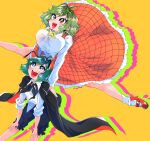  2girls arthropod_girl ascot bare_legs black_cape black_shorts blue_eyes breasts buttons cape colorful fangs frilled_skirt frills green_hair hands_on_another&#039;s_back highres jumping kazami_yuuka large_breasts long_sleeves mary_janes medium_hair multiple_girls open_mouth plaid_clothes plaid_skirt red_cape red_eyes red_shoes red_skirt shirt shoes short_hair shorts skirt sleeves_rolled_up socks spread_legs thick_eyelashes tokatokato touhou two-sided_cape two-sided_fabric white_shirt white_socks wriggle_nightbug yellow_ascot yellow_background 