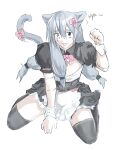  1boy absurdres alternate_costume androgynous animal_ears black_thighhighs blue_eyes blue_hair bow cat_boy cat_ears cat_tail cleavage_cutout clothing_cutout crossdressing crossdressing_(mtf) da_re666 full_body hair_bow heterochromia highres jujutsu_kaisen long_hair low-tied_long_hair mahito_(jujutsu_kaisen) maid male_focus male_maid pale_skin paw_pose pink_bow simple_background solo stitched_arm stitched_face stitches tail tail_bow tail_ornament thighhighs white_background yellow_eyes 