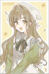  1girl apron axis_powers_hetalia back_bow blush border bow bowtie brown_hair character_name collared_dress commentary_request cowboy_shot dress flower frills green_bow green_bowtie green_dress green_eyes hair_between_eyes hair_flower hair_ornament headscarf highres hungary_(hetalia) juliet_sleeves long_hair long_sleeves looking_at_viewer negi_01412 open_mouth outside_border puffy_sleeves sidelocks simple_background smile solo sparkle standing wavy_hair white_apron white_border white_bow white_headscarf yellow_background yellow_flower 