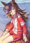  1girl :d animal_ears beach blue_flower blue_hat blue_rose brown_hair commentary_request day flower gym_shirt gym_shorts gym_uniform hair_over_one_eye hat hat_flower horse_ears horse_girl horse_tail jacket log miri_(ago550421) outdoors purple_eyes red_jacket red_shorts revision rice_shower_(umamusume) rose sand shirt shorts sitting smile solo tail tilted_headwear track_jacket umamusume water white_shirt 