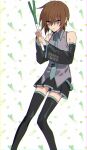  1boy aqua_necktie aqua_trim bare_shoulders black_skirt black_sleeves black_thighhighs brown_hair closed_mouth collared_shirt commentary_request cosplay crossdressing crossdressing_(mtf) detached_sleeves expressionless feet_out_of_frame food grey_shirt gundam gundam_seed hair_over_eyes hatsune_miku hatsune_miku_(cosplay) highres holding holding_food holding_vegetable kira_yamato looking_at_viewer male_focus necktie purple_eyes seed0x0 shirt short_hair skirt sleeveless sleeveless_shirt solo spring_onion thighhighs vegetable vocaloid 