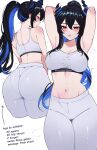  1girl alternate_costume armpits arms_behind_head asymmetrical_horns bare_shoulders black_hair blue_hair blush breasts cleavage colored_inner_hair commentary covered_groin cowboy_shot cropped_legs demon_horns english_text from_behind grey_pants grey_sports_bra hair_between_eyes high_ponytail highres hololive hololive_english horns large_breasts lips long_hair looking_at_viewer median_furrow meeko_illus midriff multicolored_hair multiple_views navel nerissa_ravencroft panties_visible_through_clothes pants ponytail red_eyes shiny_clothes sidelocks simple_background solo sports_bra sportswear sweat uneven_horns virtual_youtuber white_background yoga_pants 