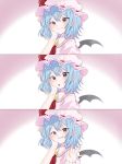  3koma \||/ ascot blue_hair comic commentary eringi_(rmrafrn) fang hat highres looking_at_viewer mob_cap pink_hat pointy_ears red_eyes red_neckwear remilia_scarlet smile touhou tsurime upper_body waving wings 