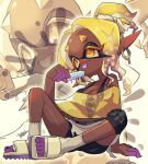 bike_shorts blonde_hair breasts cleavage colored_extremities colored_eyelashes colored_tongue dark-skinned_female dark_skin earrings fang fish_hook_earrings food frye_(splatoon) frye_(splatoon_raiders) inkling isamu-ki_(yuuki) jewelry knee_pads long_pointy_ears official_alternate_costume pointy_ears popsicle shawl single_knee_pad sitting splatoon_(series) splatoon_3 splatoon_raiders tentacle_hair yellow_eyes 