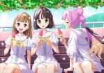  3girls :d :o anyoji_hime black_hair black_ribbon blonde_hair blue_sky blunt_bangs blunt_ends bob_cut braid breast_pocket brown_hair center-flap_bangs cloud commentary_request dappled_sunlight day dress dutch_angle facing_another flower_knot food gradient_hair green_eyes hair_ribbon hasu_no_shousankaku hasu_no_sora_school_uniform holding holding_food holding_popsicle hood hooded_jacket in-universe_location jacket kachimachi_kosuzu link!_like!_love_live! looking_at_another love_live! medium_dress momose_ginko multicolored_hair multiple_girls neckerchief on_bench open_clothes open_jacket open_mouth outdoors pink_eyes pink_hair plant pleated_dress pocket popsicle profile puffy_short_sleeves puffy_sleeves qy73 ribbon rooftop sailor_collar sailor_dress school_uniform short_hair short_sleeves side_braids sitting sky smile sunlight three-quarter_sleeves vines virtual_youtuber watermelon_bar white_dress white_jacket white_sailor_collar yellow_neckerchief 