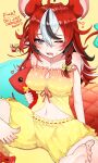  1girl absurdres animal_ear_fluff animal_ears babydoll barefoot black_hair blue_eyes breasts cleavage hakos_baelz hakos_baelz_(strawberry_onesie) highres hololive hololive_english large_breasts long_hair migokami mouse_ears mouse_girl mouse_tail mr._squeaks_(hakos_baelz) multicolored_hair navel official_alternate_costume one_eye_closed polka_dot polka_dot_babydoll polka_dot_shorts red_hair shorts sitting sleepwear soles solo streaked_hair tail virtual_youtuber white_hair yellow_babydoll 