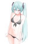  1girl absurdres aqua_eyes aqua_hair arms_at_sides averting_eyes bare_arms bare_shoulders bikini bikini_bottom_pull bikini_pull black_bikini blush breasts cleavage closed_mouth clothes_pull collarbone commentary_request cowboy_shot facing_viewer front-tie_bikini_top front-tie_top groin hair_between_eyes hair_ornament halterneck hatsune_miku highres long_hair navel pulling_own_clothes revision sidelocks simple_background small_breasts solo standing stomach string_bikini sweat swimsuit thigh_gap thighs twintails very_long_hair vocaloid white_background y_vdo 