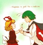  2girls antennae back_bow black_cape blonde_hair bow cape closed_mouth clover collared_shirt commentary_request english_text four-leaf_clover frilled_sleeves frills green_background green_hair hair_ribbon long_sleeves looking_at_another medicine_melancholy multiple_girls nawo_(peace) profile red_cape red_ribbon ribbon shirt short_hair short_sleeves smile touhou two-sided_cape two-sided_fabric upper_body white_bow white_shirt wriggle_nightbug 
