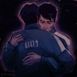  2boys bags_under_eyes black_background black_eyes black_hair blank_stare blue_jumpsuit claw_mark clothes_writing commentary covered_mouth dark english_commentary glowing gripping_clothes highres hug hwang_in-ho implied_yaoi jumpsuit leaning_on_person limited_palette looking_down male_focus markkrpg multiple_boys outline print_jumpsuit purple_outline seong_gi-hun short_hair simple_background squid_game striped_clothes sunken_cheeks upper_body 