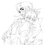  2boys alien_stage animal_ears apron back_bow bow cat_ears commentary dress earrings english_commentary frilled_apron frills greyscale hawk_till heart highres hug ivan_(alien_stage) jewelry lineart maid maid_day maid_headdress male_focus monochrome multiple_boys official_alternate_costume puffy_sleeves short_hair till_(alien_stage) trembling unfinished yaoi 