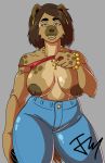  anna_toussaint anthro areola big_breasts black_nose blue_eyes bracelet breasts brown_fur brown_hair brown_nipples clothed clothing cross digital_media_(artwork) ear_piercing exposed_breasts female fur hair hyena jewelry kingpantheraonca_(artist) looking_at_viewer mammal mature_female necklace nipples pants partially_clothed piercing short_hair simple_background smile solo spots spotted_hyena tan_fur thick_thighs voluptuous 