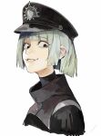  1girl artist_name black_eyes bob_cut collar hat highres looking_to_the_side military_hat military_uniform original short_hair smile solo white_background white_hair yonq98 