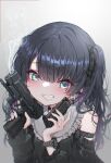  1girl absurdres aqua_eyes arm_strap bare_shoulders bib_collar black_dress black_ribbon blunt_bangs clothing_cutout cross cross_earrings dress earrings fang fingernails frilled_shirt_collar frills gothic_lolita gradient_background grey_background grin gun hair_ribbon handgun highres holding holding_magazine_(weapon) jewelry lolita_fashion long_hair long_sidelocks magazine_(weapon) messy_hair mole mole_under_eye oota_youjo original parted_hair ribbon shoulder_cutout sidelocks smile smoke smoking_barrel solo swept_bangs trigger_discipline twintails upper_body weapon weapon_request 
