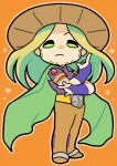  1boy \m/ absurdres ball beard belt belt_buckle blonde_hair blue_bridal_gauntlets brown_hat brown_pants buckle cape chibi commentary_request cowboy_hat facial_hair full_body green_cape green_eyes gyro_zeppeli hat highres holding holding_ball jojo_no_kimyou_na_bouken jojo_pose kakyoin_noriaki's_pose_(jojo) long_hair m_a_a_m_8 male_focus orange_background orange_sleeves outline pants purple_shirt purple_sleeves serious shirt short_sleeves solo spurs standing star_(symbol) steel_ball_(jojo) steel_ball_run two-tone_sleeves yellow_belt 