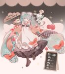  1girl absurdres bg5120 blue_eyes blue_hair boots bowl checkered_clothes chef_hat hat hatsune_miku highres holding holding_ladle ladle spring_onion vocaloid 