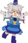  &gt;_&lt; 1girl :d apron blue_apron blue_boots blue_hat blue_skirt blush_stickers boots character_print closed_eyes commentary_request cookie_(touhou) full_body grey_hair hat lets0020 miwa_kaneko mononobe_no_futo open_mouth ribbon-trimmed_sleeves ribbon_trim short_hair simple_background skirt smile solo tate_eboshi touhou toyosatomimi_no_miko transparent_background xd 