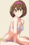  1girl bikini blush breasts brown_eyes brown_hair collarbone from_side grey_background hair_between_eyes hairband highres jack_(wkm74959) looking_at_viewer medium_breasts medium_hair one-hour_drawing_challenge sitting solo sweatdrop swimsuit touhou tsukumo_yatsuhashi underboob wariza white_bikini 