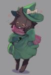  aoneko black_footwear black_fur blush bow closed_eyes commentary_request deltarune glasses green_hat hat heart male_focus monster_boy open_mouth pink_scarf ralsei scarf simple_background solo standing white_eyes witch_hat 