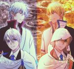  blonde_hair blue_eyes blue_neckwear cloak closed_mouth color_connection crossover eriyama gintama green_eyes hair_color_connection japanese_clothes kimono looking_at_another male_focus multiple_boys necktie sakata_gintoki sakata_kintoki_(gintama) silver_hair smile symmetry touken_ranbu trait_connection twitter_username yamanbagiri_chougi yamanbagiri_kunihiro 