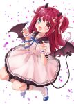  1girl :d black_sailor_collar blue_bow blue_eyes blush bow brown_wings claw_pose commentary_request crescent crescent_hair_ornament demon_girl demon_horns demon_tail demon_wings dress fang hair_bow hair_ornament heterochromia highres horns looking_at_viewer nijisanji puffy_short_sleeves puffy_sleeves red_eyes red_hair rino_cnc sailor_collar sailor_dress shoes short_sleeves smile socks solo tail two_side_up v-shaped_eyebrows virtual_youtuber white_background white_bow white_dress white_shoes white_socks wings wrist_cuffs yuzuki_roa 