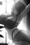  1girl absurdres ahoge armpits ass bandeau belly bra bralines breasts cleavage collarbone curtains greyscale hand_on_own_arm highres huge_breasts insomnia-chan kay_yu messy_hair monochrome original short_shorts shorts skindentation solo stretching thick_eyebrows underwear window 