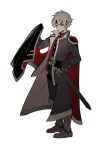  1boy armor armored_boots black_cape black_coat black_gloves black_headband black_pants boots brown_boots cape closed_mouth coat doppelganger_schezo fingerless_gloves full_body gloves hand_on_hilt headband lirio_(nikori9) long_sleeves looking_at_viewer male_focus open_clothes open_coat pants parted_bangs puyopuyo red_cape red_eyes scabbard sheath sheathed short_hair shoulder_armor simple_background solo standing sword two-sided_cape two-sided_fabric weapon white_background white_hair 
