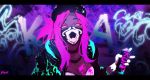  akali bodypaint breasts choker cleavage commentary face_mask glowing highres inverted_colors jacket k/da_(league_of_legends) k/da_akali league_of_legends leaning_forward long_sleeves looking_at_viewer mask monochrome neon panza pink_hair ponytail solo spray_can yellow_eyes 