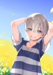  arms_behind_head arms_up blue_eyes blush cr-r day grin hair_between_eyes looking_at_viewer male_focus outdoors shirt silver_hair smile solo striped striped_shirt totsuka_saika yahari_ore_no_seishun_lovecome_wa_machigatteiru. 