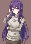  arm_under_breasts breasts brown_background commentary doki_doki_literature_club eyebrows_visible_through_hair grey_sweater hair_ornament hairclip hand_in_hair hand_up highres large_breasts long_hair looking_at_viewer parted_lips purple_eyes purple_hair ribbed_sweater simple_background solo sweater turtleneck turtleneck_sweater very_long_hair yacchomo89 yuri_(doki_doki_literature_club) 
